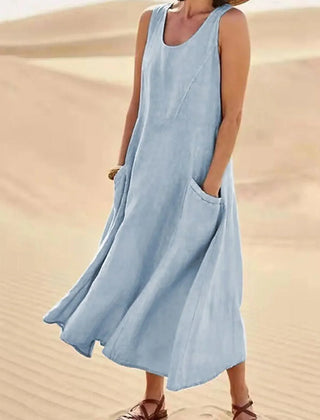 Women's Sundress | Midi Length Sleeveless Round Neck Linen