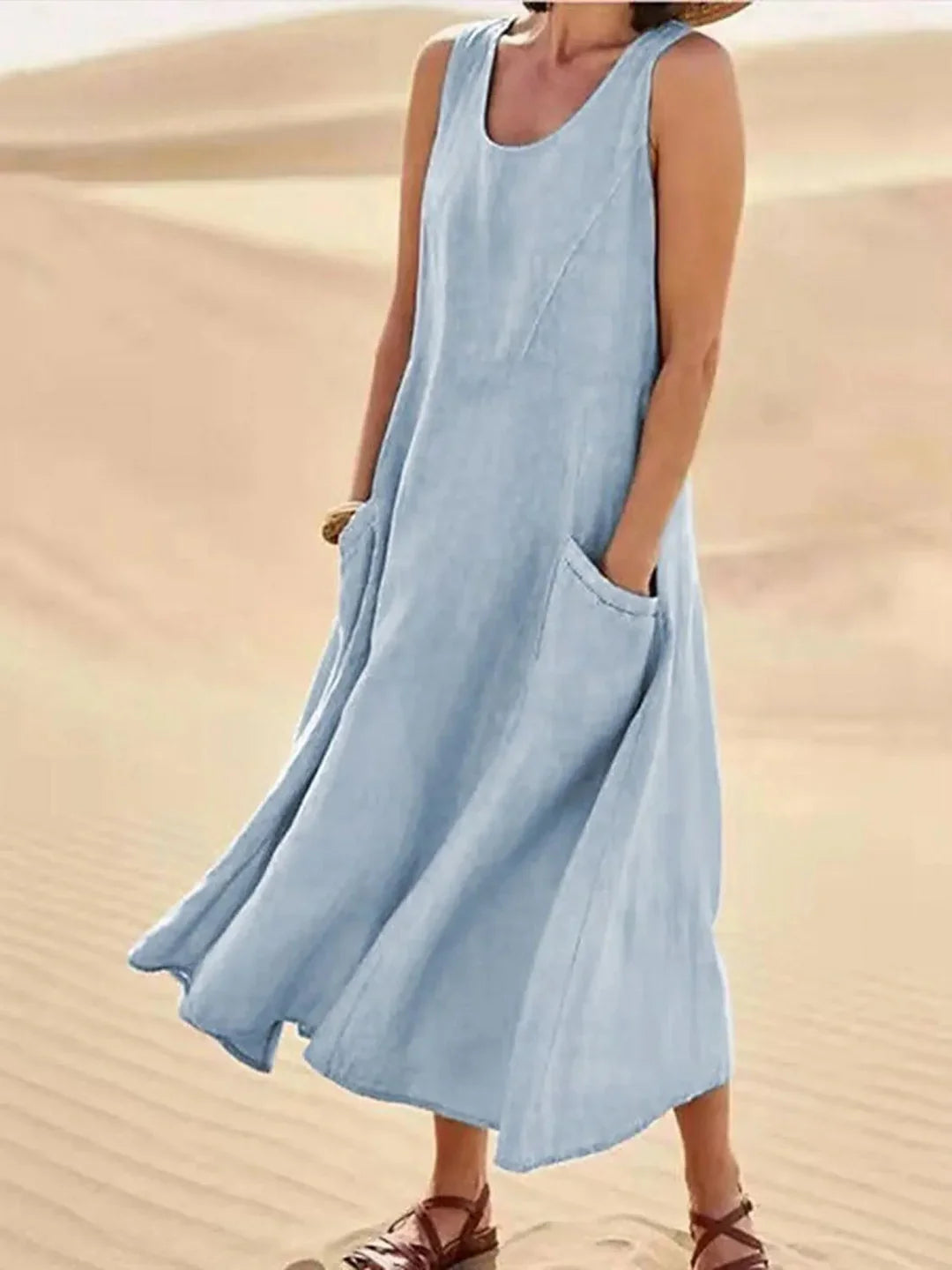 Women's Sundress | Midi Length Sleeveless Round Neck Linen