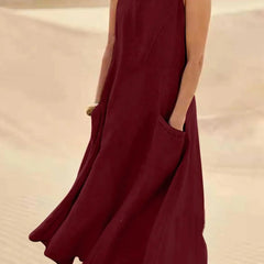 Women's Sundress | Midi Length Sleeveless Round Neck Linen