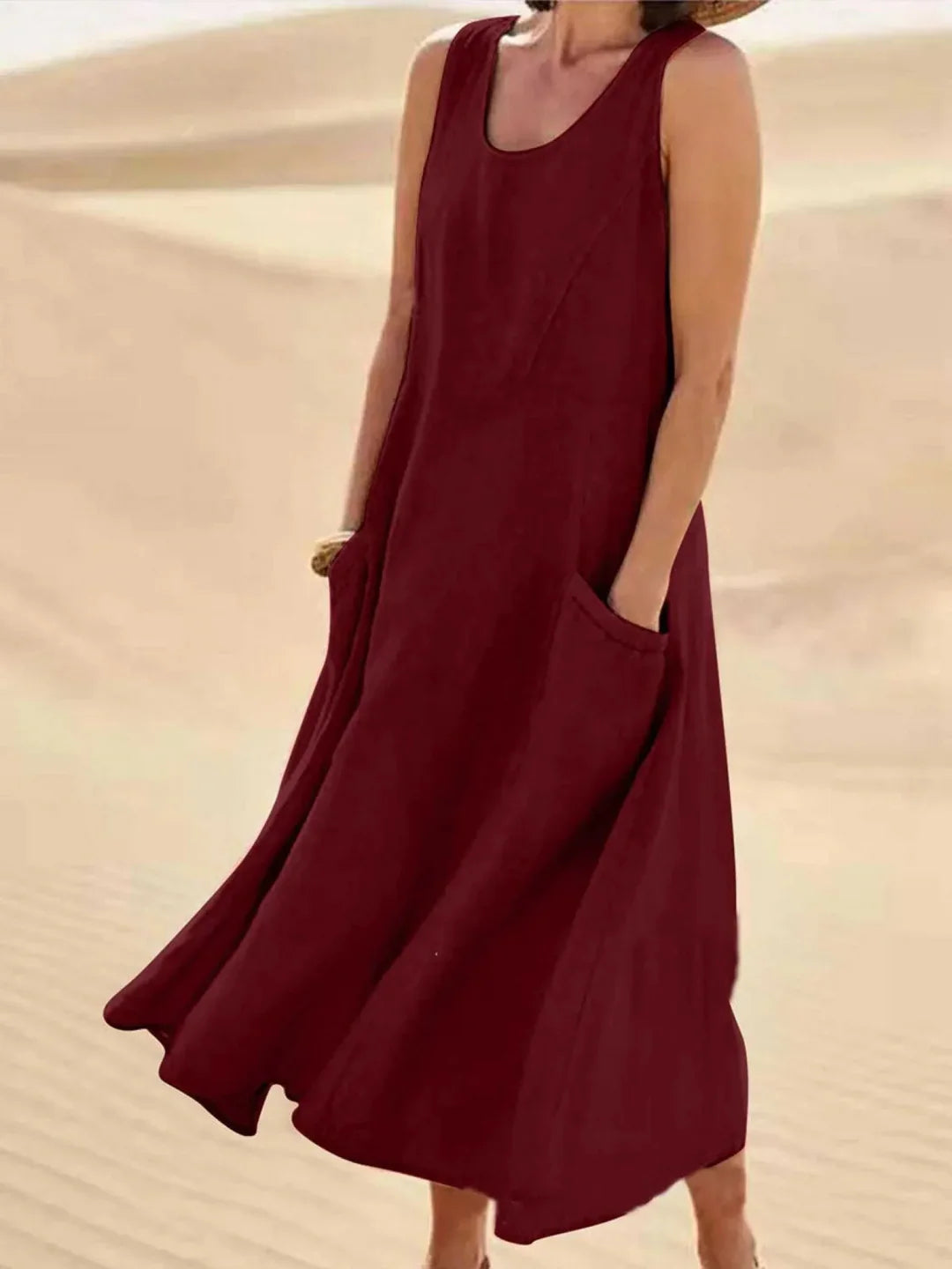 Women's Sundress | Midi Length Sleeveless Round Neck Linen