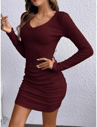 Women's Body Con Mini Dress | V Neckline Long Sleeve Knit
