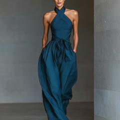 Women's Playsuit | Cross Halter Neckline Sleeveless Wide Leg