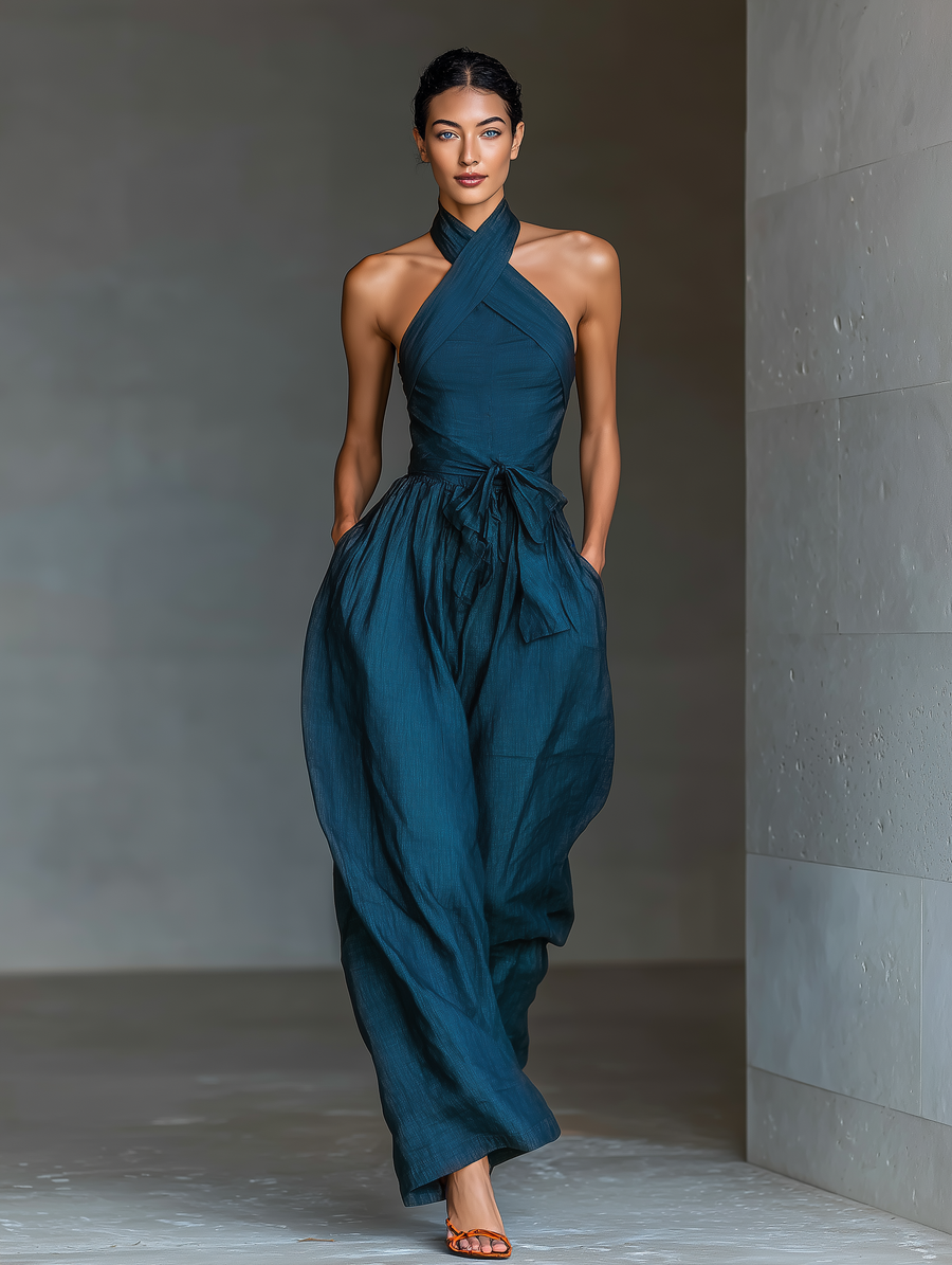 Women's Playsuit | Cross Halter Neckline Sleeveless Wide Leg