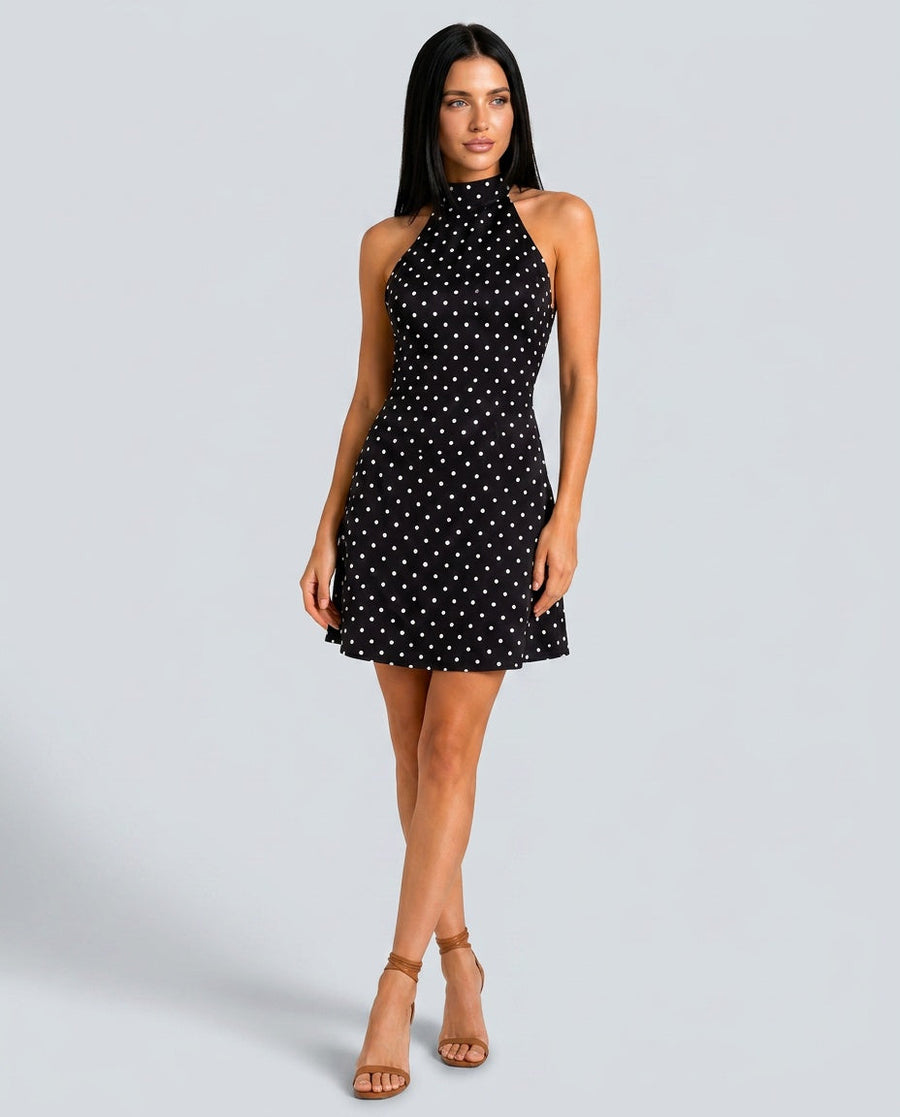 Women's Polka Dot Mini Dress | Halter Neck Sleeveless Open Back