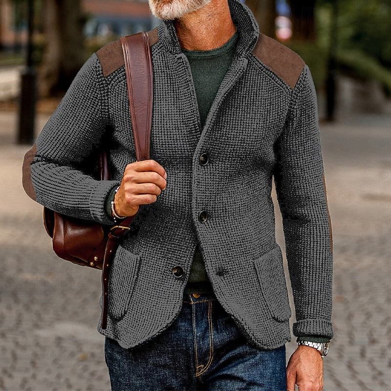 Men's Cardigan | Textured Knit Stand Collar Button Front