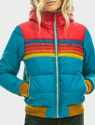 Women's Puffer Jacket | Quilted Striped Zip Closure Hood