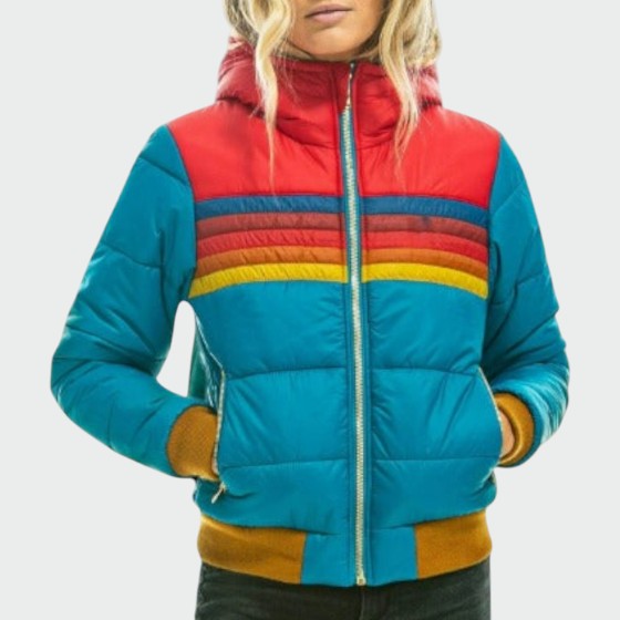 Women's Puffer Jacket | Quilted Striped Zip Closure Hood