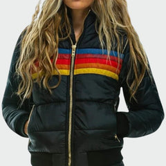 Women's Puffer Jacket | Quilted Striped Zip Closure Hood