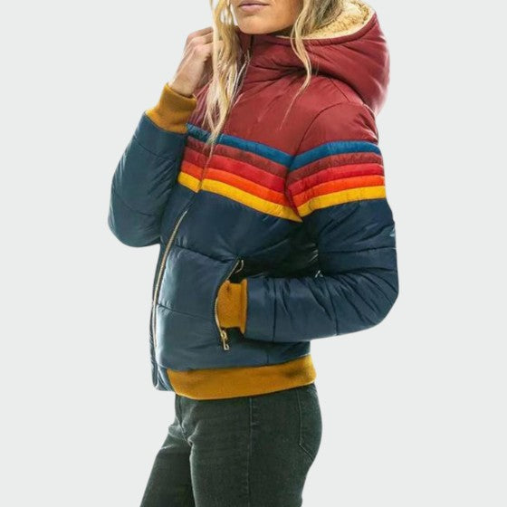 Women's Puffer Jacket | Quilted Striped Zip Closure Hood