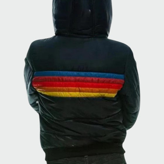 Women's Puffer Jacket | Quilted Striped Zip Closure Hood