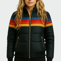 Women's Puffer Jacket | Quilted Striped Zip Closure Hood