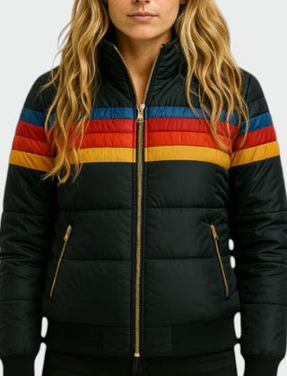 Women's Puffer Jacket | Quilted Striped Zip Closure Hood