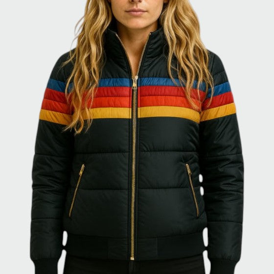Women's Puffer Jacket | Quilted Striped Zip Closure Hood