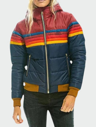 Women's Puffer Jacket | Quilted Striped Zip Closure Hood