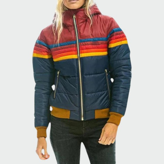 Women's Puffer Jacket | Quilted Striped Zip Closure Hood