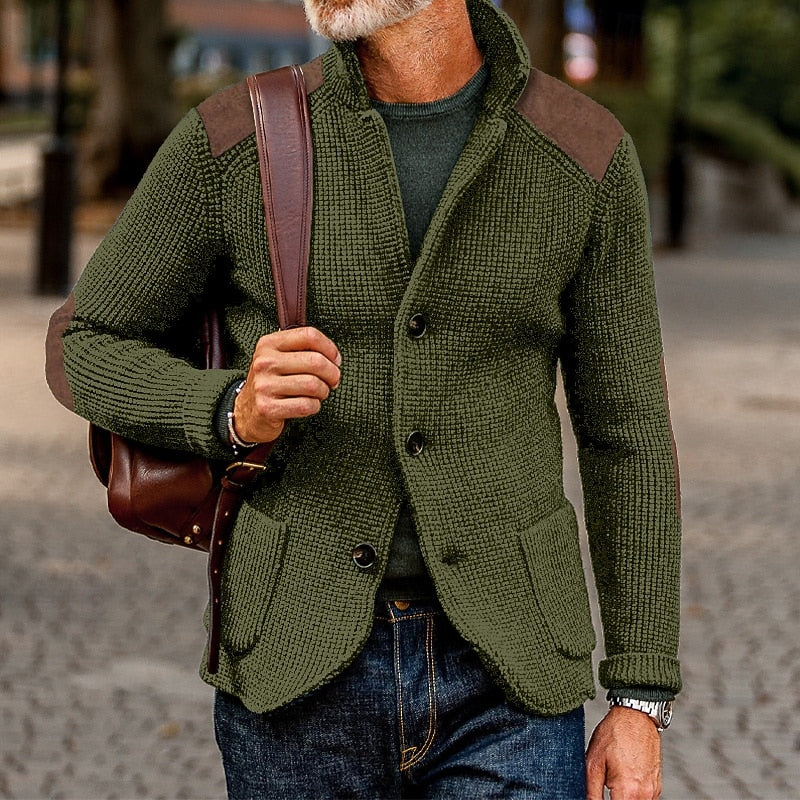 Men's Cardigan | Textured Knit Stand Collar Button Front