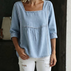 Women's Lace Top | Square Neckline Three-Quarter Sleeve Denim