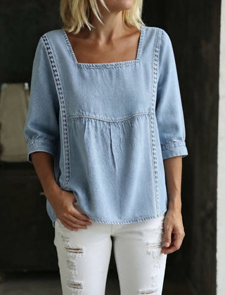 Women's Lace Top | Square Neckline Three-Quarter Sleeve Denim
