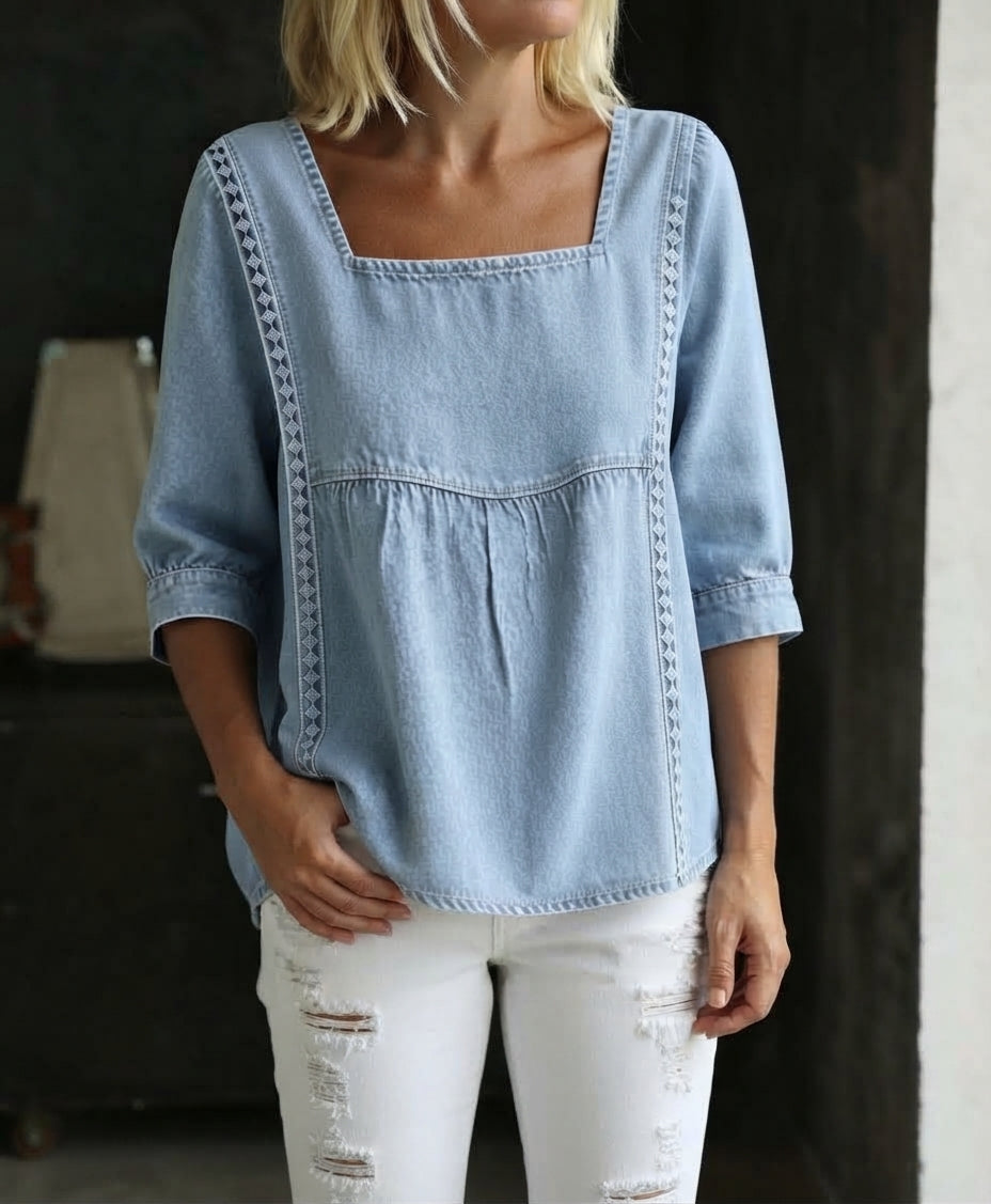 Women's Lace Top | Square Neckline Three-Quarter Sleeve Denim