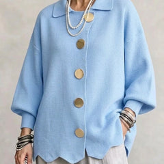 Women's Cardigan | Oversized Lantern Sleeves Scalloped Hem Button Closure