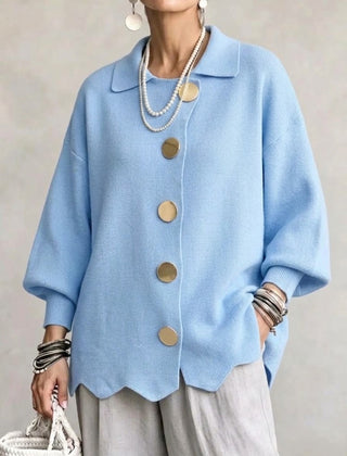 Women's Cardigan | Oversized Lantern Sleeves Scalloped Hem Button Closure