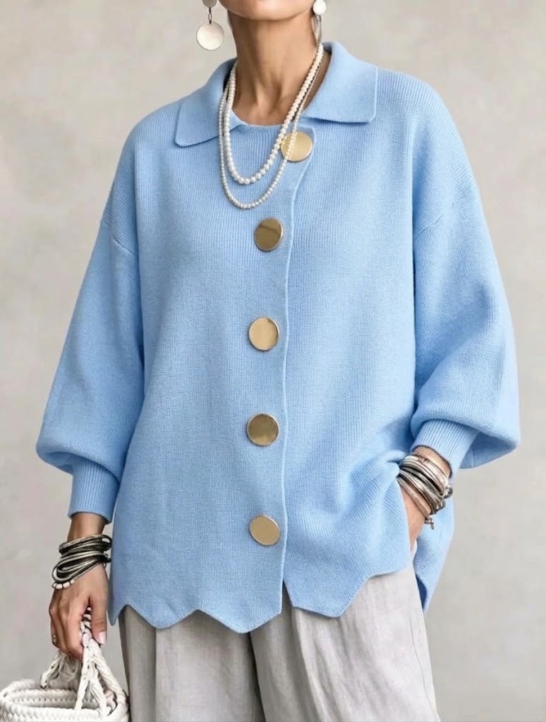 Women's Cardigan | Oversized Lantern Sleeves Scalloped Hem Button Closure
