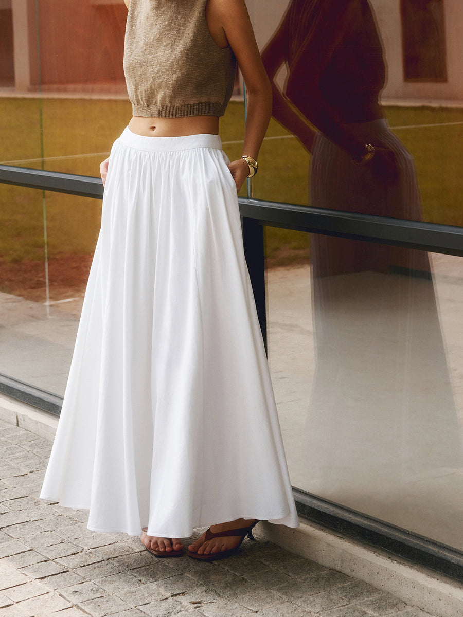 Women's White Skirt | Maxi Length High Waist Pleated Linen