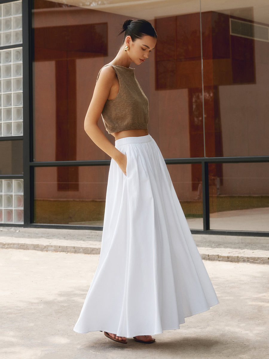 Women's White Skirt | Maxi Length High Waist Pleated Linen