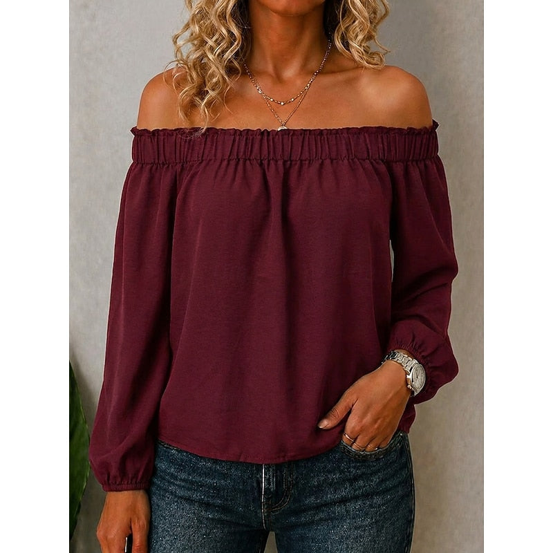 Women's Off The Shoulder Top | Ruffle Neckline Long Sleeve