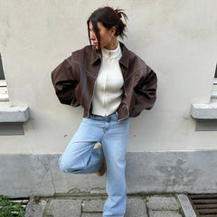 Women's Leather Bomber Coat | Oversized Zip Closure Longline Collar