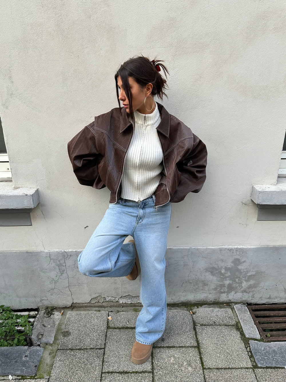 Women's Leather Bomber Coat | Oversized Zip Closure Longline Collar