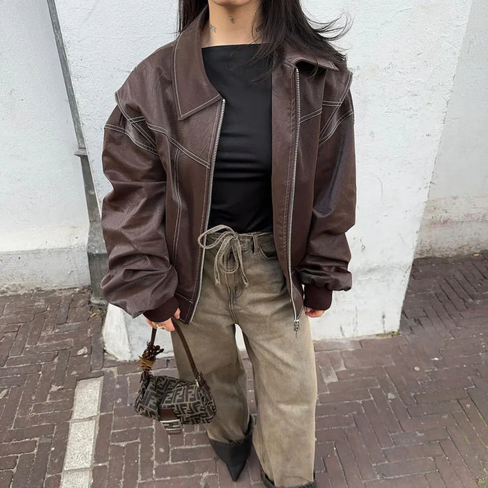 Women's Leather Bomber Coat | Oversized Zip Closure Longline Collar