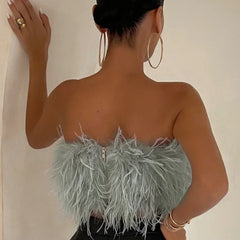 Elegant women's party wear: Feather-trim tube top, chic & perfect for going out.