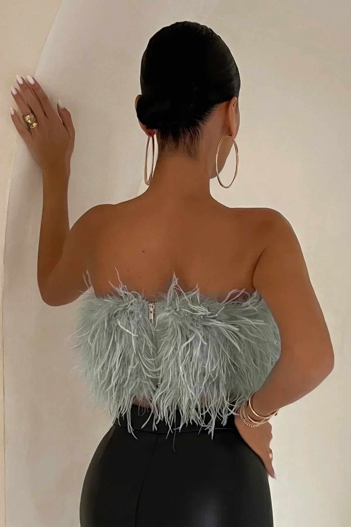 Elegant women's party wear: Feather-trim tube top, chic & perfect for going out.