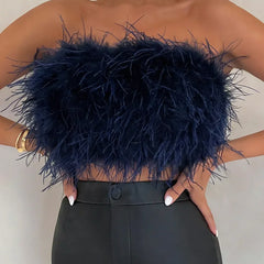 Women's elegant feather tube top, a must-have trendy crop top for party wear.