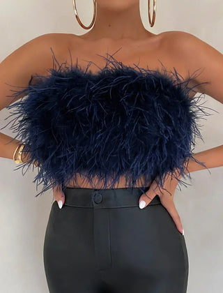 Women's elegant feather tube top, a must-have trendy crop top for party wear.