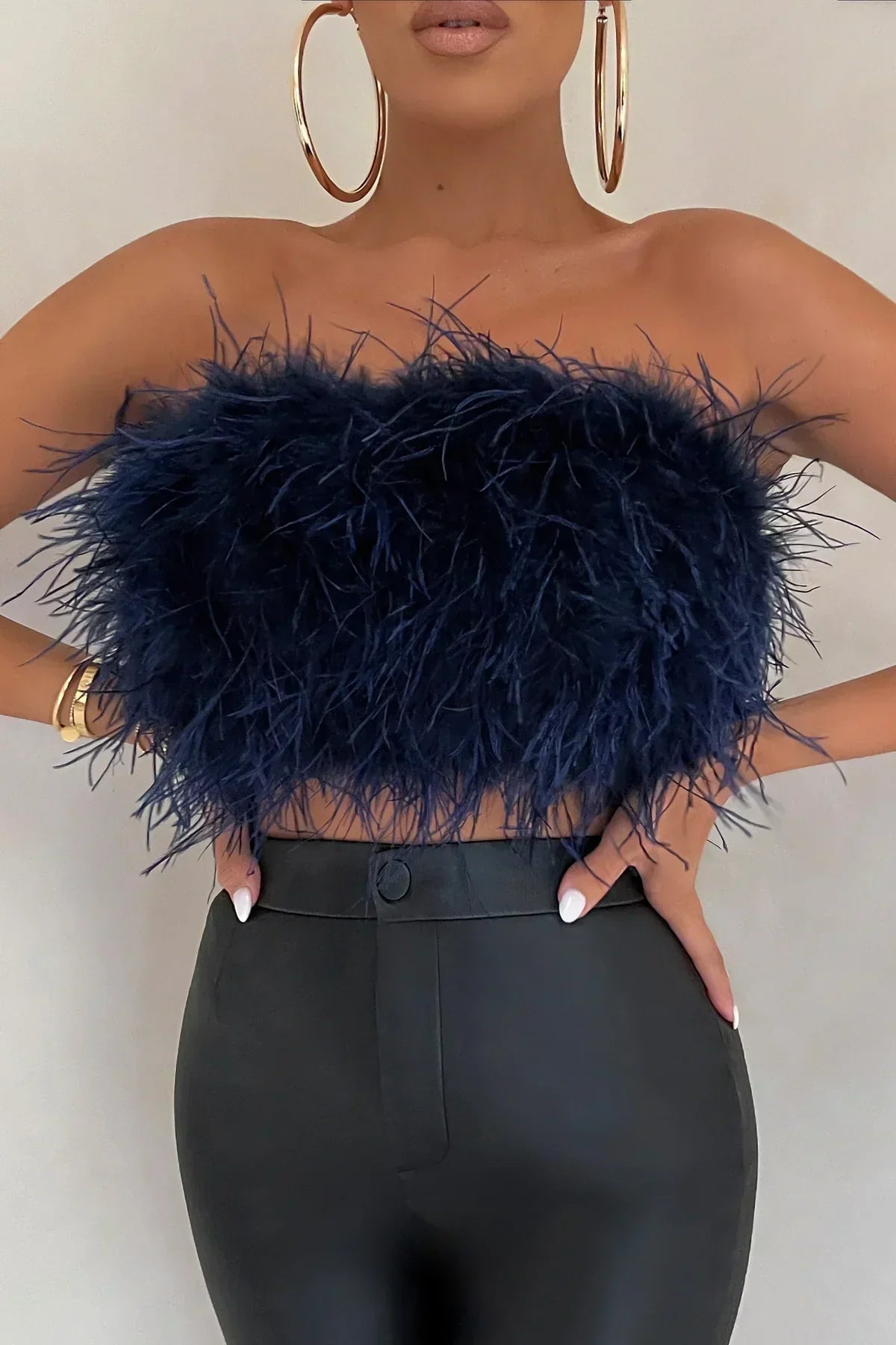 Women's elegant feather tube top, a must-have trendy crop top for party wear.