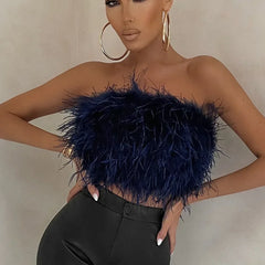 Summer fashion feather tube top, a trendy sleeveless crop top for women's style.