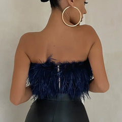 Women's trendy feather crop top, perfect for parties & sophisticated summer looks.