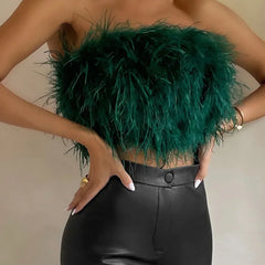 Eye-catching feather-trim tube top, a trendy women's crop top for sophisticated parties.