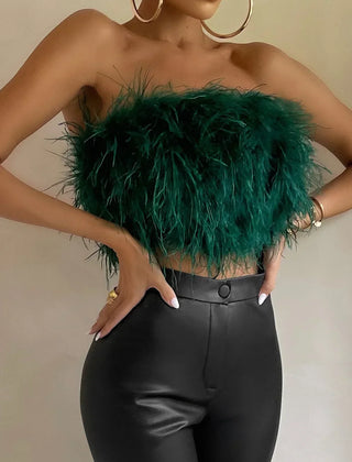 Eye-catching feather-trim tube top, a trendy women's crop top for sophisticated parties.