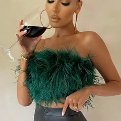 Statement feather-trim tube top, an elegant sleeveless top for women's night out.