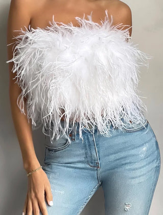 Stylish women's crop top with feather trim, a trendy sleeveless party top.