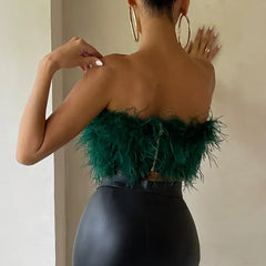 Elegant feather tube top for women, versatile party wear & summer fashion staple.