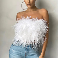 Elegant women's feather-trim tube top, perfect for parties & stylish events.