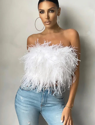 Elegant women's feather-trim tube top, perfect for parties & stylish events.