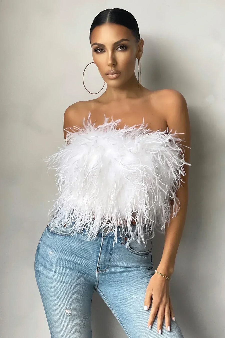 Elegant women's feather-trim tube top, perfect for parties & stylish events.