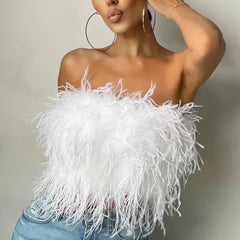 Trendy feather crop top for women, a chic sleeveless statement piece.