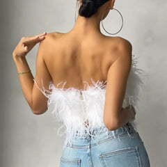 Women's elegant tube top with luxurious feather trim, ideal for going out.