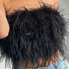 Fashion-forward feather-detail tube top, an elegant choice for women's events.